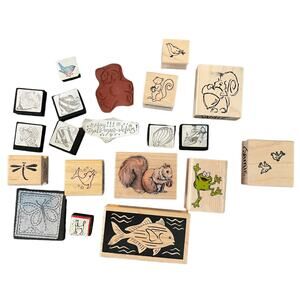 20 New & Used Random Rubber Stamps Dolphin Squirrel Frog Birds